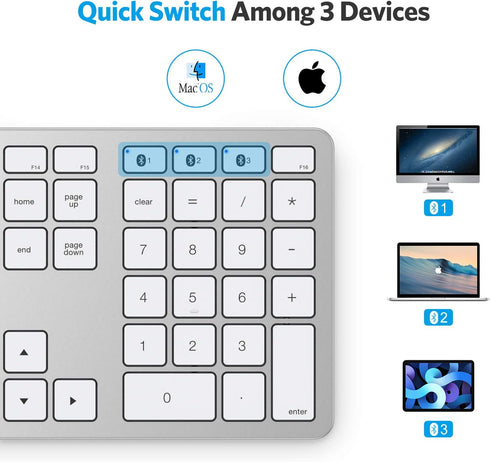 OMOTON Bluetooth Keyboard for Mac, Wireless with Numeric Keypad, Multi-Device, Rechargeable, Silver