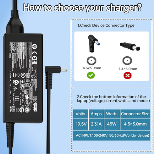 HP 45W Laptop Charger for Elitebook 745 G6 G5 840 G3 G6 850 G3 Probook 430 440 450 G5 G6, Smart Blue Tip