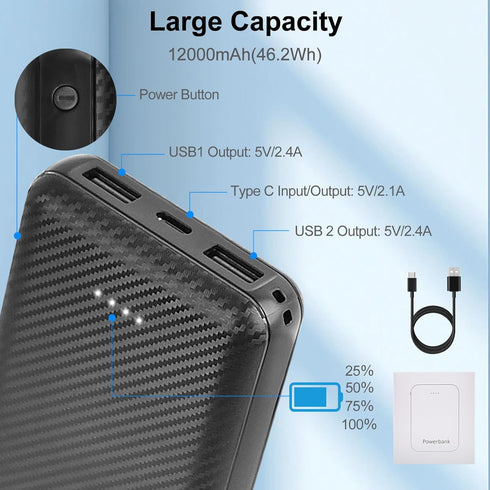 12000mAh Battery Pack for Heated Vest, 5V 2A Power Bank for Heated Jacket and Hoodie, USB C Portable Charger for iPhone