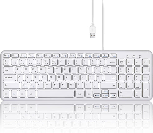 Perixx PERIBOARD-213W, Silent USB Scissor Keyboard with Cable, Compact Design with Numeric Keypad, White - Spanish Qwert