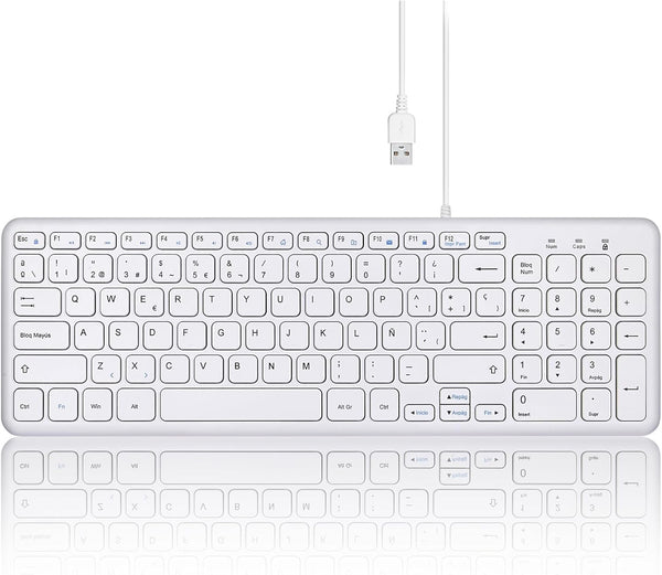 Perixx PERIBOARD-213W, Silent USB Scissor Keyboard with Cable, Compact Design with Numeric Keypad, White - Spanish Qwert