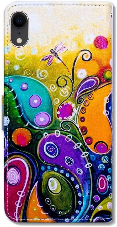 Bcov Case for iPhone XR, Colorful Dragonfly Leather Flip Wallet Cover, Card Slot Holder, Kickstand