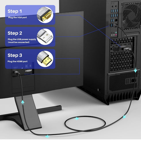 Conable 4 1080P@60Hz VGA to HDMI Cable FT with USB Power Supply, Real Video Output, Unidirectional Cable, from VGA