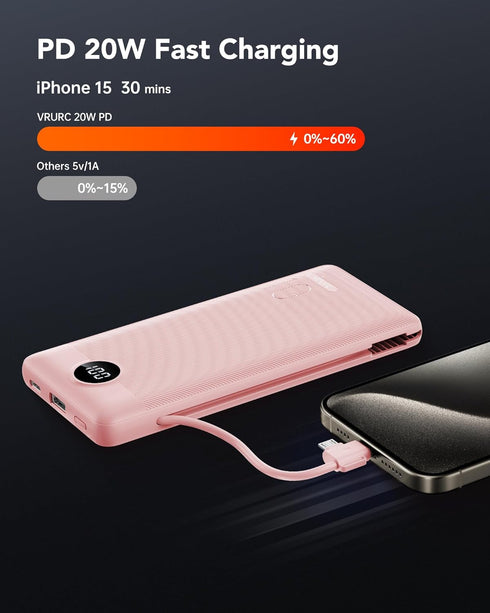 VRURC Portable Charger Power Bank with Wall Plug, 10000mAh with Built-in Cables, PD 20W Fast Charging