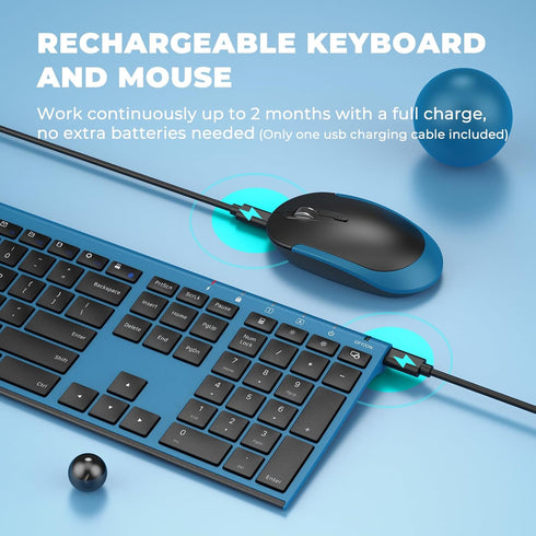 Wireless Keyboard and Mouse, Vssoplor 2.4GHz Rechargeable Compact Quiet Full-Size Keyboard and Mouse Combo, Sapphire