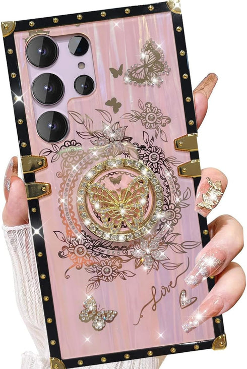 Galaxy S24 Ultra Kickstand Case, Cute Luxury Glitter Bling Butterfly with Ring Stand, Shockproof, Pink