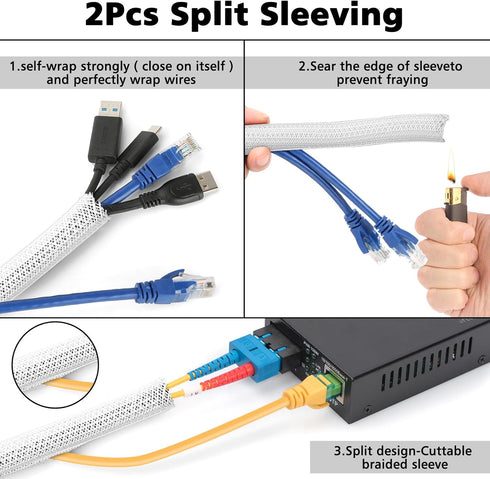 Cord Management Organizer Kit 2 Cable Sleeve Split with 41Self Adhesive Cable Clips Holder, 10pcs and 2 Roll Self Adhesive tie and 100 Fastening Cable Ties for TV Office Home Electronics etc