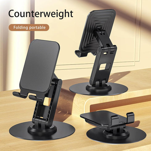 360° Rotating Phone Stand for Desk, Portable & Foldable Holder, Adjustable Angle & Height for iPhone, iPad, Tablet -
