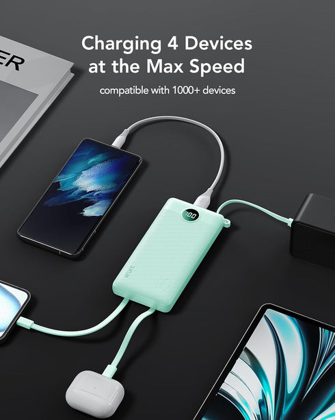 VRURC Portable Charger - 22.5W Fast Charging Power Bank USB C, 10000mAh, Built-in Cable, LED Display