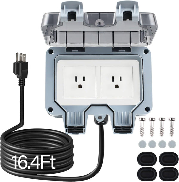 Outdoor Power Outlet with 16.4Ft Extension Cord, Weatherproof IP66 Electrical Outlet Box for Garden Outside