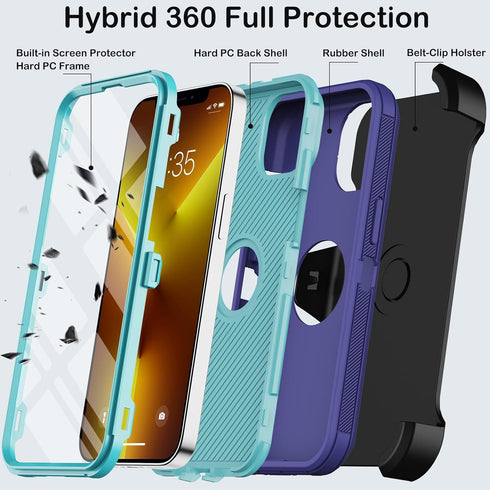 iPhone 13 Pro Max Case (6.7") - Dark Blue, Heavy Duty Shockproof, Military Grade, with Belt Clip, Kickstand & Screen