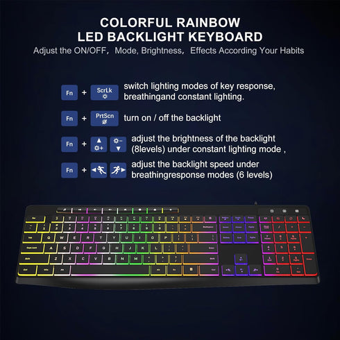 Wired Computer Keyboard, 7-Color Rainbow LED Backlit, Quiet Light Up Keyboard for Windows Mac PC Laptop