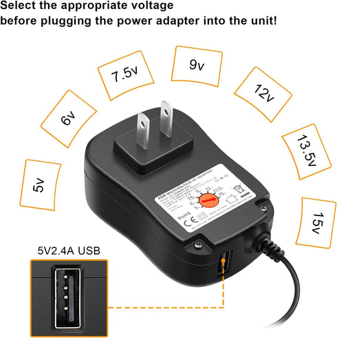 Powseed 45W Universal AC Adapter with 5V 2A USB Port, DC Power Supply Cord with 8 Tips
