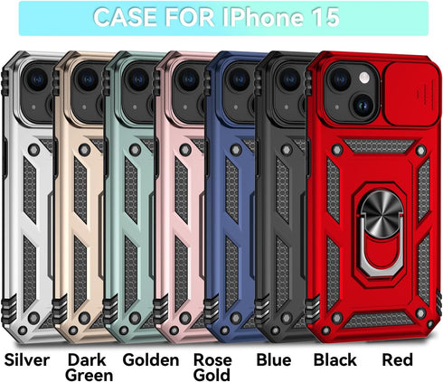 Hitaoyou Compatible with iPhone 15 Case, iPhone 15 Case with Camera Cover & Kickstand Military Grade Shockproof Heavy Duty Protective with Magnetic Car Mount Holder Case for iPhone 15 Silver