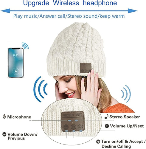 Wireless Beanie Hat with Headphone, Music Hat Winter Cap with Stereo Headset Speaker Microphone (White)