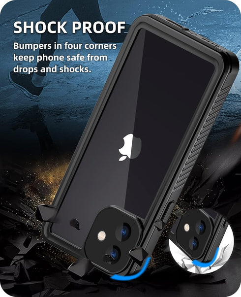 WIFORT Waterproof Case for iPhone 12, Certified Water Proof & Military Protection with Built-in Screen Protector (Black)