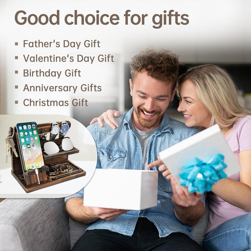 Phone Organizer Birthday Gifts for Men Dad Birthday Gift Wood Docking Station Men Nightstand Organizer Desk Organizer Wood Presents for Men Gifts for Dad , Brown