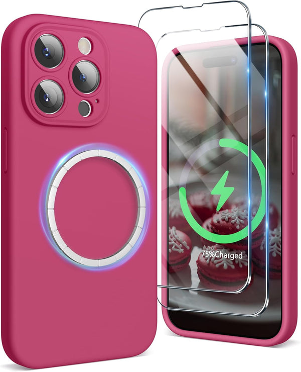 SURPHY iPhone 15 Pro Case (6.1 inch, 2023) - Liquid Silicone, MagSafe Compatible, Hibiscus + 2 Pack Screen Protector.