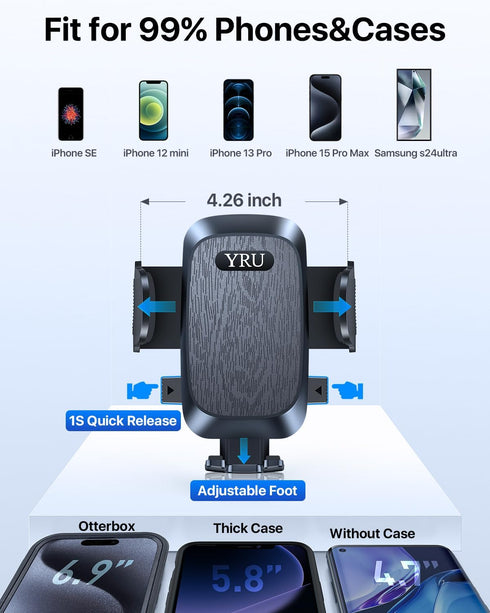 YRU 2024 Ultimate Car Phone Holder Mount with Bendable & Adjustable Aluminum Arm for iPhone 15 14 13 12 Pro Max