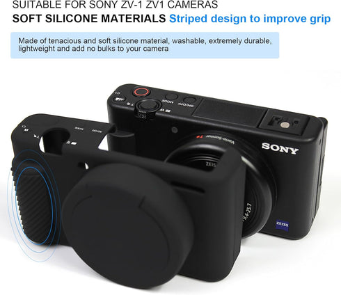 Camera Case for Sony ZV-1 ZV1 ZV 1 Vlog Camera, Camera Cover Body Skin with Removable Lens Cover Buttons Prompts Anti-Scratch Slim Fit Soft Silicone Protective DSLR Camera Case Black