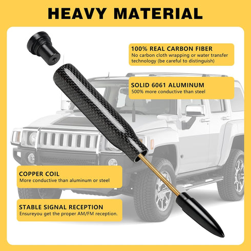 Universal Carbon Fiber 50 Cal Bullet Antenna, Fits Chevy GMC Ford Jeep Dodge Toyota, 5.5" AM/FM Radio