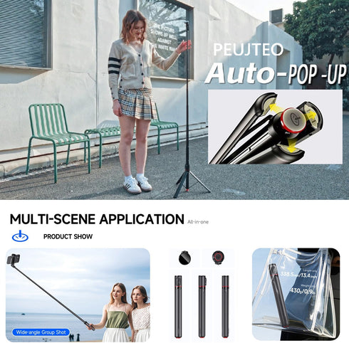 PEUJTEO 70" All-in-1 Auto Pop up Selfie Stick Tripod, Aluminum Celly Phone Selfie Stick for iPhone Android