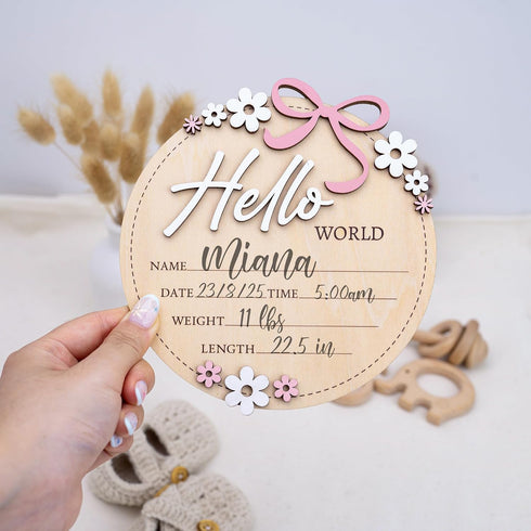 6 Inch Wooden Baby Announcement Sign Round Birth Stat Plaque with Floral and Bow Design (Hello World)