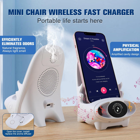 Mini Chair Wireless Fast Charger, Portable 3 in 1 Phone Holder Stand, Charging Desktop Cellphone Stand with Speaker