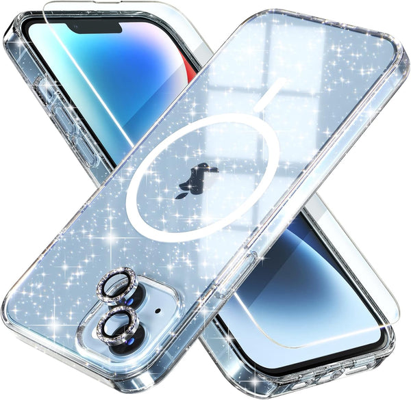 Choiche iPhone 14 Plus Magnetic Case, Clear Glitter Bling, with 2x Diamond Lens & Tempered Glass Protectors, MagSafe