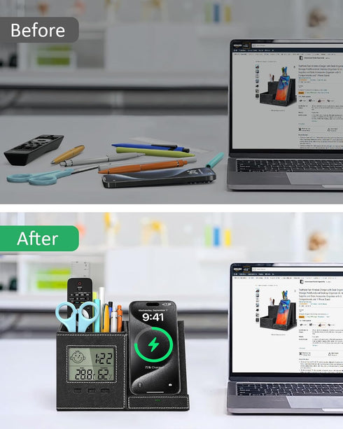 Pen Holder for Desk, Multi-Functional Organizer with Wireless Charger, Indoor Thermometer, Home Office Supplies