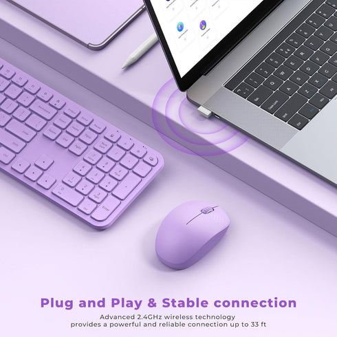 Seenda Purple Keyboard and Mouse Combo, Wireless Full Size 2.4GHz Silent USB Wireless Keyboard Mouse for Windows,