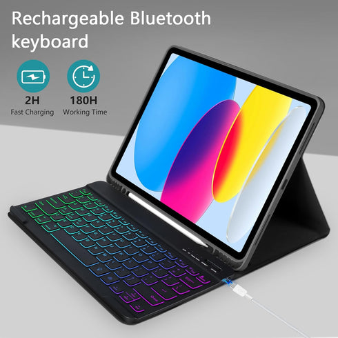 FUWANG iPad 10th Generation Case with 10.9 inch Keyboard 2022 - Detachable 7 Colors Backlit Wireless Bluetooth Folio
