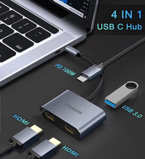 vienon 4K@60HZ, 3.0, 100W 3/4 USB C to Dual HDMI Adapter USB C Hub HDMI Adapter for Dual Monitors with USB-A PD