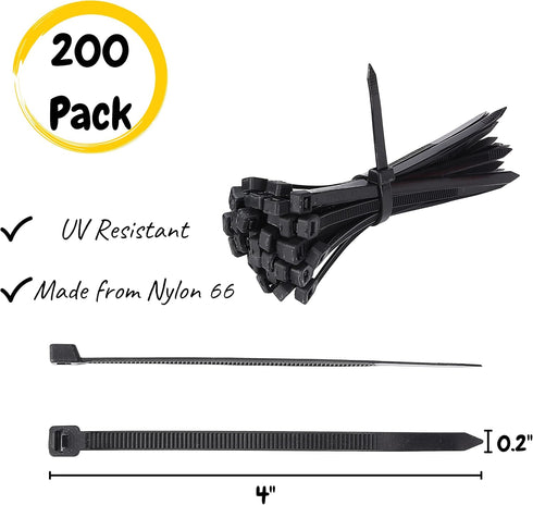 Bates 200 Pack Black 4 Inch Cable Zip Ties - Electrical Tie Wraps, Cord Ties