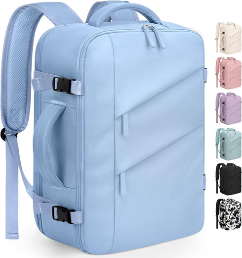 Waterproof Travel Backpack for Women Men, Flight Approved Carry On Overnight Bag for 17'' Laptop, Light Blue