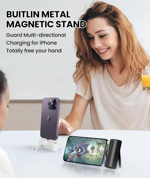 White Mini Portable Charger for iPhone with Built-in Metal Stand, 5000mAh 15W PD Fast Charging Power Bank