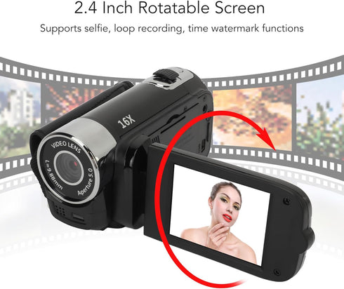 Video Camera Camcorder, 16MP 1080P, 16X Zoom, 2.4 Inch Rotatable Screen, Handheld Recorder with Fill Light (Black)
