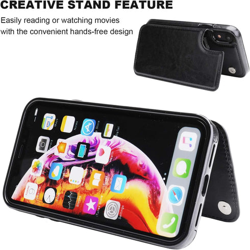 iPhone XR Wallet Case with Card Holder - Premium PU Leather Kickstand Case, Durable Shockproof Cover (Black)