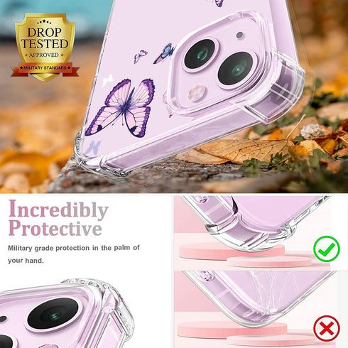 Crystal Phone Case for iPhone 13(2021)/iPhone 14(2022) 6.1", Alluring Purple Butterfly Soft Shockproof Clear Protective