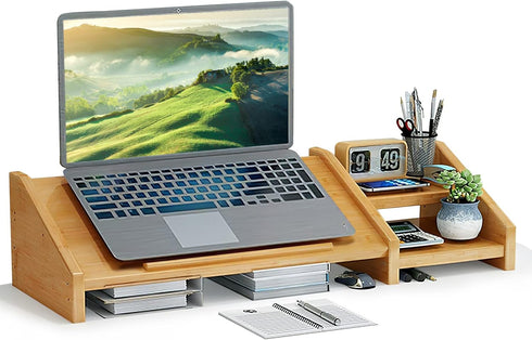 Ufine Bamboo Laptop Stand for Desk, Adjustable 3 Heights Notebook Stand with 2 Tier Storage Shelf, Home Office Organizer