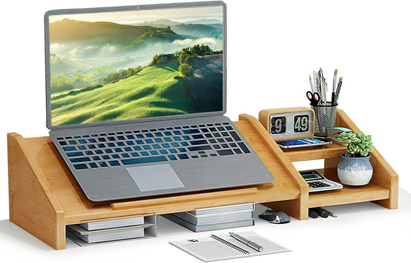 Ufine Bamboo Laptop Stand for Desk, Adjustable 3 Heights Notebook Stand with 2 Tier Storage Shelf, Home Office Organizer