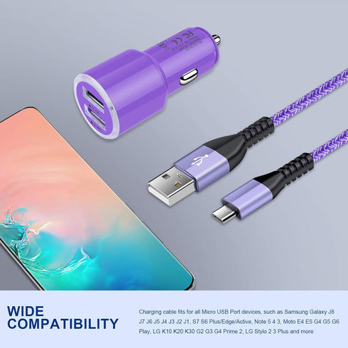 Dual 4.8A Fast Car Charger with Android Micro USB Cable for Samsung Galaxy S7 S6 J8 J7/J7V/Note 5 4, Moto E4 E5 G4 G5
