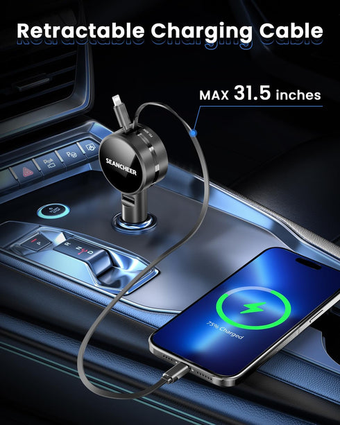 Retractable Car Charger for iPhone and Android Fast Charging, Car Charger with Retractable Cords(2.6Ft), USB-C Ports,Compatible with iphone15/ Pro Max 14/ Pro Max/13/12/11/iPad/Galaxy