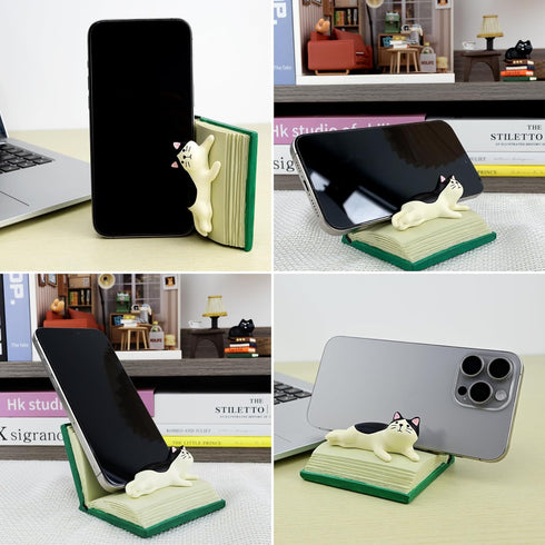 RAQWI Cat Lying on Book Phone Stand, Cute Kitten Cell Phone Holder for Desk, Creative Resin Bookish Decor for Home