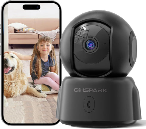 GOLSPARK 2K Indoor Security Camera for Home, 360 Pet Camera with Night Vision, Motion Tracking, Two-Way Audio, Black