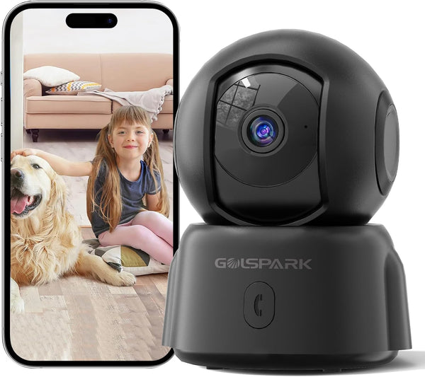 GOLSPARK 2K Indoor Security Camera for Home, 360 Pet Camera with Night Vision, Motion Tracking, Two-Way Audio, Black