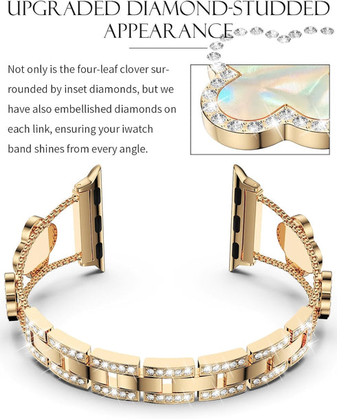 CTYBB Sparkle Diamond Band for Apple Watch 42mm 44mm 45mm Series 1-9, Cute Lucky Clover Dressy Wristband, Gold/White