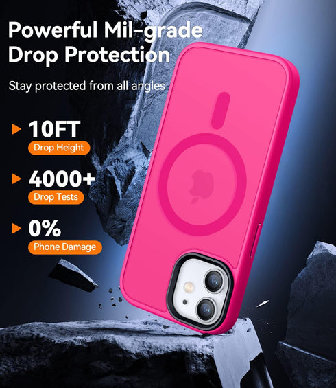 CANSHN Slim Shockproof Case for iPhone 12/12 Pro 6.1" - Hot Pink, Translucent Matte, MagSafe Compatible Bumper Cover.