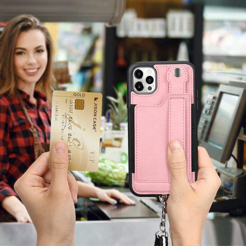 TOOVREN Lanyard Case for iPhone 12/12 Pro with Strap, Slim Designer Wallet Protective Case with Card Holder Pink