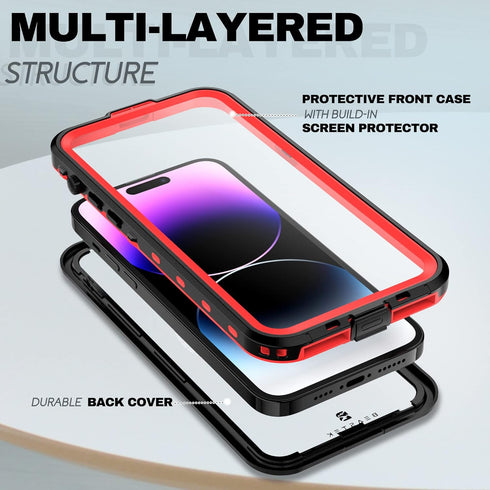 BEASTEK TRE Series iPhone 14 Pro Waterproof Case, MagSafe Shockproof IP68 with Built-in Screen Protector, 6.1'' - Red